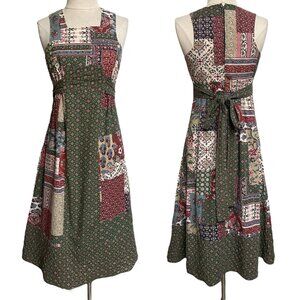 70s vintage quilt patchwork dress sleeveless empire waist midi patch print.